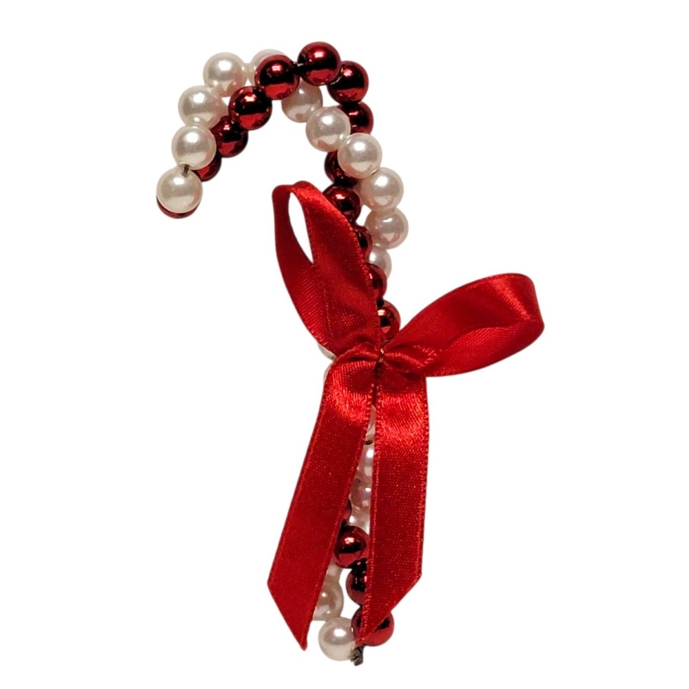 Faux Pearl Beaded Candy Cane Christmas Ornament Red White Bow Glam Holiday
